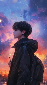 Side profile of youth in rain under vivid sunset sky.