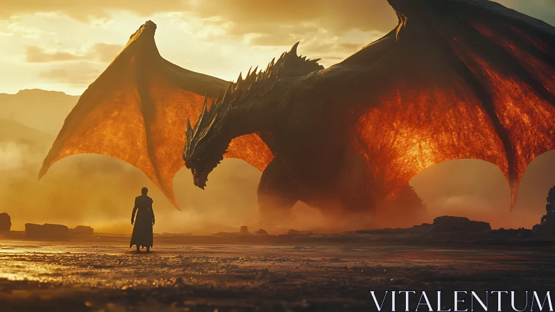 Lone figure confronts massive dragon in fiery sunset.