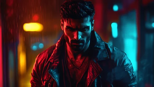 Brooding man walks through neon soaked cyberpunk alley