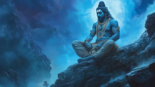 Moonlit blue ascetic lets mountain winds cradle his calm