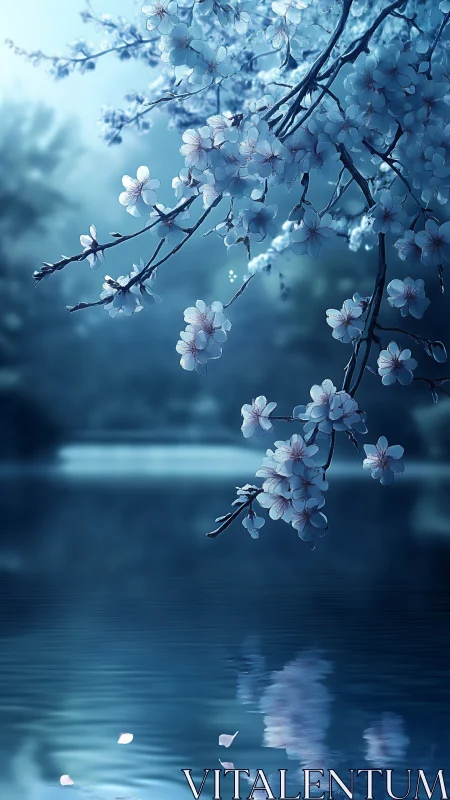 Cherry blossoms over calm reflective blue lake at dusk.