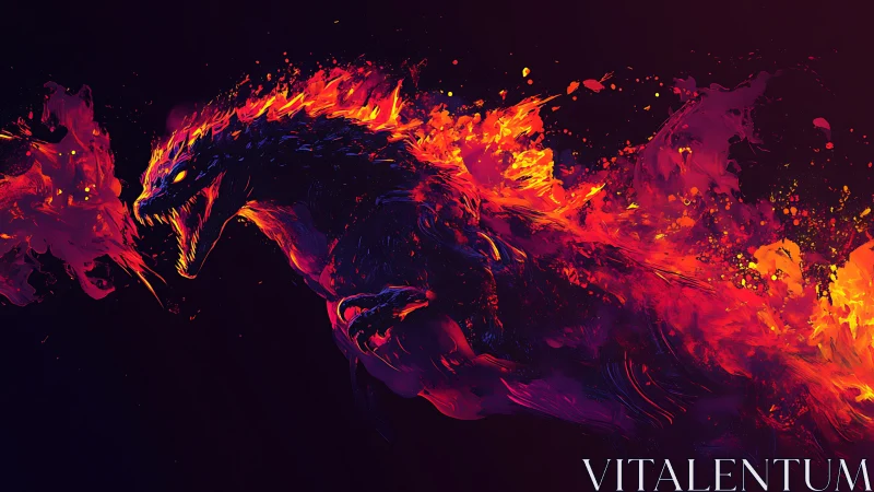 Flame-emitting reptilian creature in abstract digital profile.