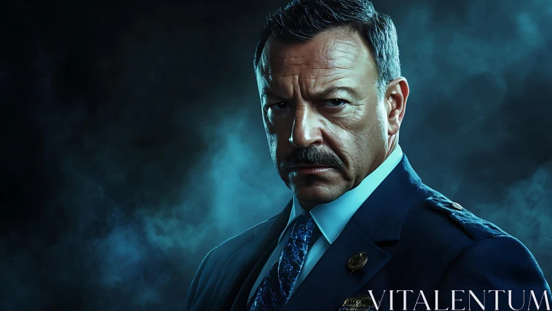 Intense officer portrait in dramatic teal studio lighting.