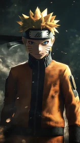 Storm-eyed ninja in ember-lit battlefield resolve stands tall.