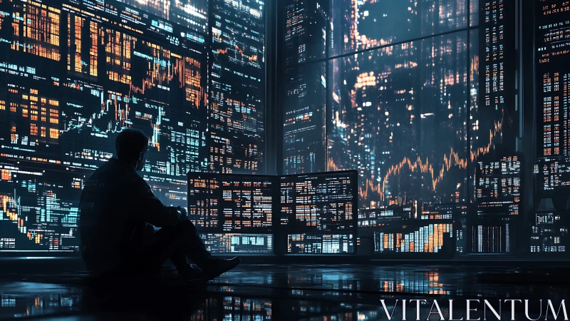 Solitary analyst watches neon data streams in cyber city.