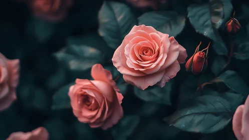 Soft Coral Roses Blooming in Moody Garden Light
