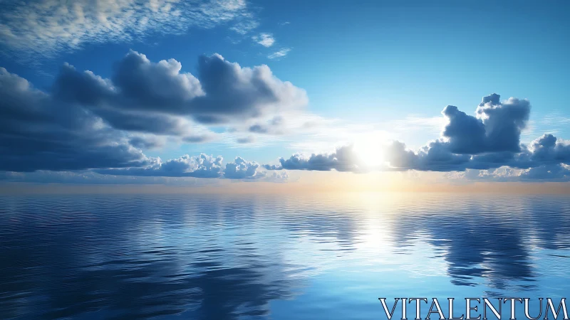 Photorealistic seascape horizon with luminous cloud reflections.