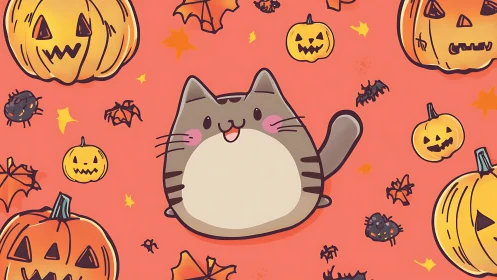 Anthropomorphic Tabby Cat Amid Jack-o'-Lanterns and Halloween Iconography on Coral Ground.