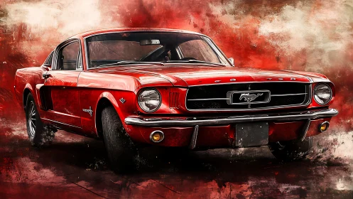 Red classic Ford Mustang in stylized digital art scene.