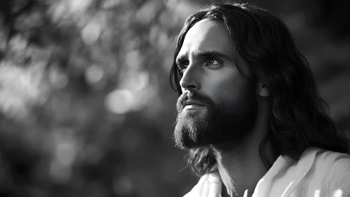 Sunlit gaze lifts a serene, bearded figure toward quiet hope