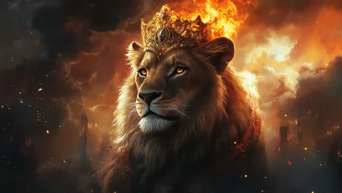 Majestic lion king gazes through flames and storm clouds.