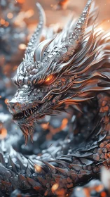 Molten-eyed chrome dragon coiled in stormlit embers.