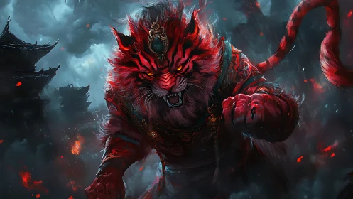 Fantasy digital painting of raging demonic tiger warrior profile.