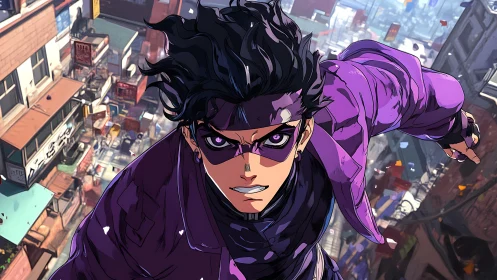 Purple-masked urban vigilante captured in dynamic rooftop sprint.
