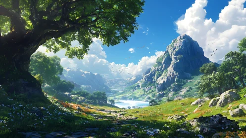 Sunlit valley path welcomes wanderers beneath ancient tree