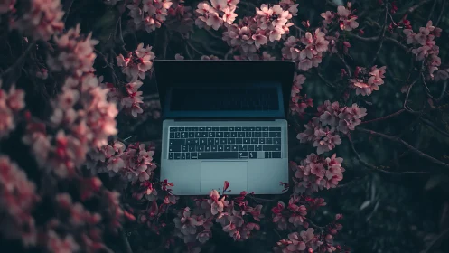 Open laptop suspended amid dark, saturated cherry blossoms