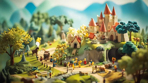 Whimsical miniature castle village in sunlit fantasy valley.