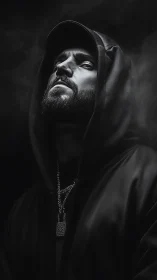 Hooded urban icon emerging from monochrome smoke and shadow.