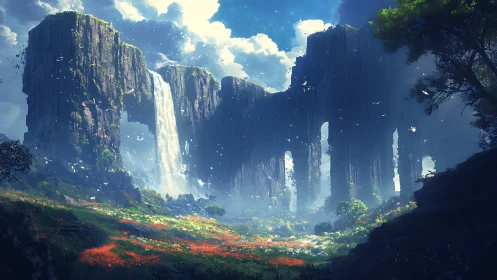 Sunlit waterfalls carve a hidden sanctuary through giant cliffs