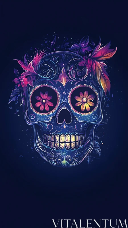 Neon blossom skull grinning in midnight floralscape.