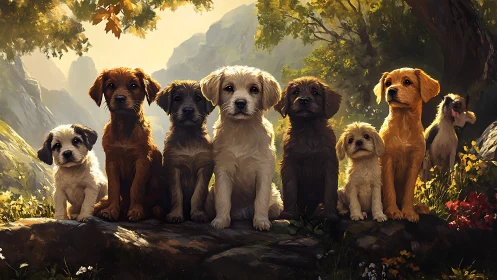 Group of mixed-breed puppies on forest rocks in sunlight.