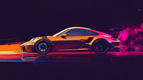 Neon racetrack whispers as a cyber sports car slices night