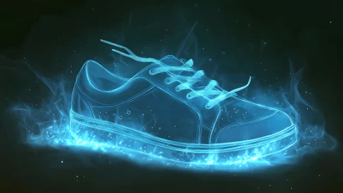 Holographic sneaker rendered in luminous cyan particle outlines