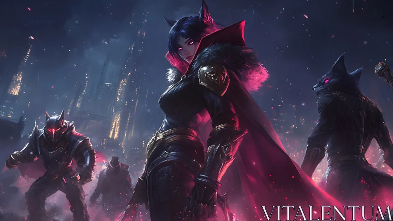 Cybernetic vulpine strike squad in neon dystopian skyline.