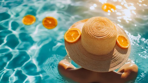 Citrus halo hat drifting in sunlit turquoise poolscape.