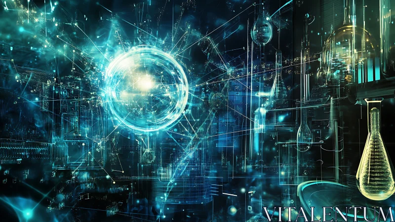 Luminous quantum core glows inside a futuristic science lab