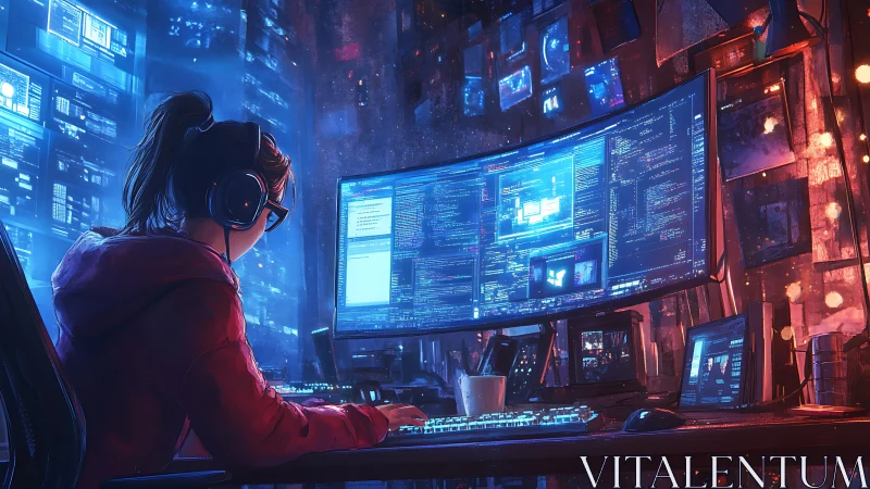 Late night coder in neon-lit studio of glowing screens.