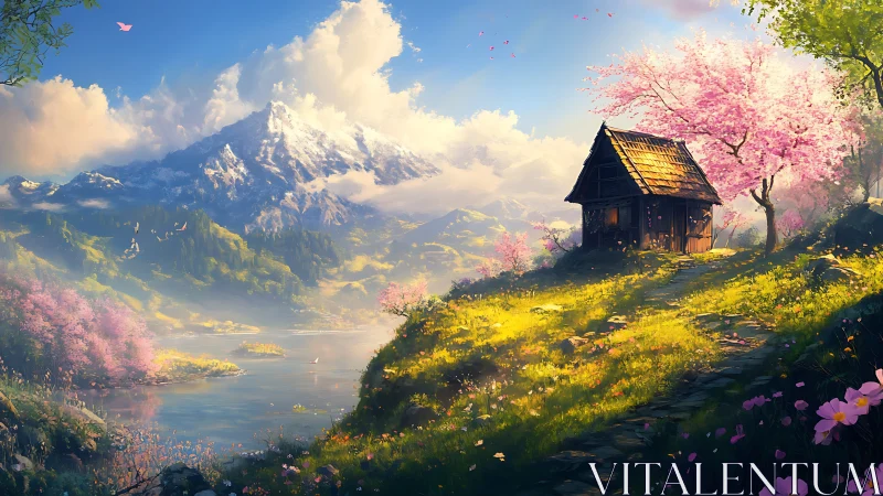 Mountain lake landscape with cabin and blooming trees.