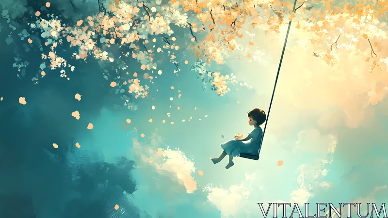 Child on a skyward swing beneath drifting blossom light.