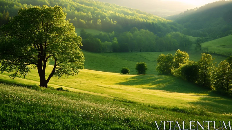 Gentle sunrise drifting across a quiet green valley.