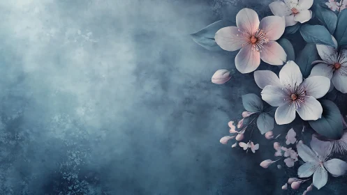 Delicate Floral Composition Against Moody Blue Textured Background.