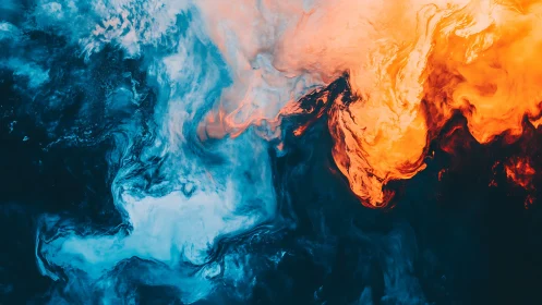 Fiery orange and cool teal swirls collide in abstract motion.
