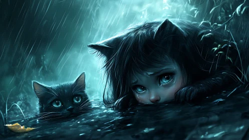 Ethereal Figure and Black Cat in Stylized Rainstorm