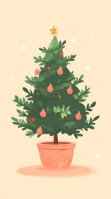 Cozy potted Christmas tree with soft ornaments and star.