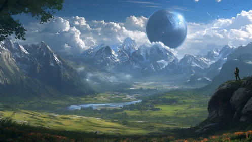 Explorer surveys alien valley beneath colossal orbiting sphere