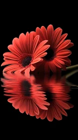 Red Gerbera Daisies with Water Reflection on Black