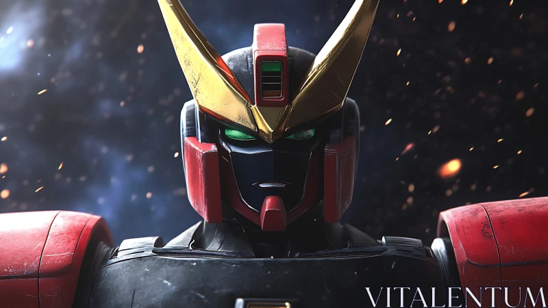 Armored mecha portrait under burning cosmic embers.