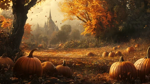 Autumn woodland clearing with pumpkins and distant castle view.