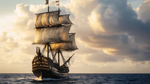 Golden-sailed galleon cutting through sunset seas majestically.