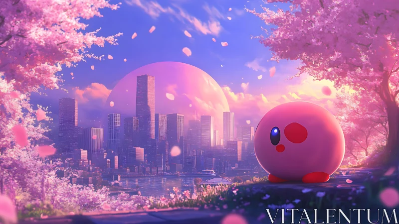 Dreamy pink mascot gazes over neon city at sakura sunset