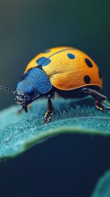 Golden armor ladybug scouts a turquoise leaf frontier.