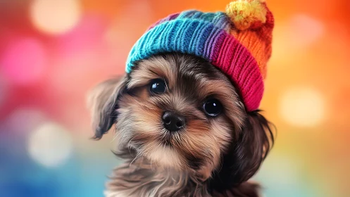 Small dog in knitted rainbow hat on blurred bokeh background.