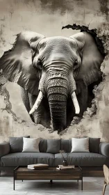 Photorealistic elephant mural breaking textured wall surface.