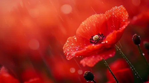 Red poppies drenched in rain with bee pollinating center