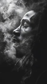 Side profile portrait of man exhaling smoke in darkness.