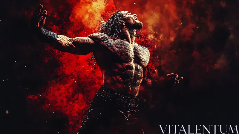 Warrior erupts from ember-soaked darkness in roaring firestorm.